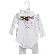 Wholesale - 4PC White "Queen Of The Glam" Onesie & Mauve Floral Pants & Bow Headbands 3-12M Badgley Mischka C/P 48, UPC: 195010126076